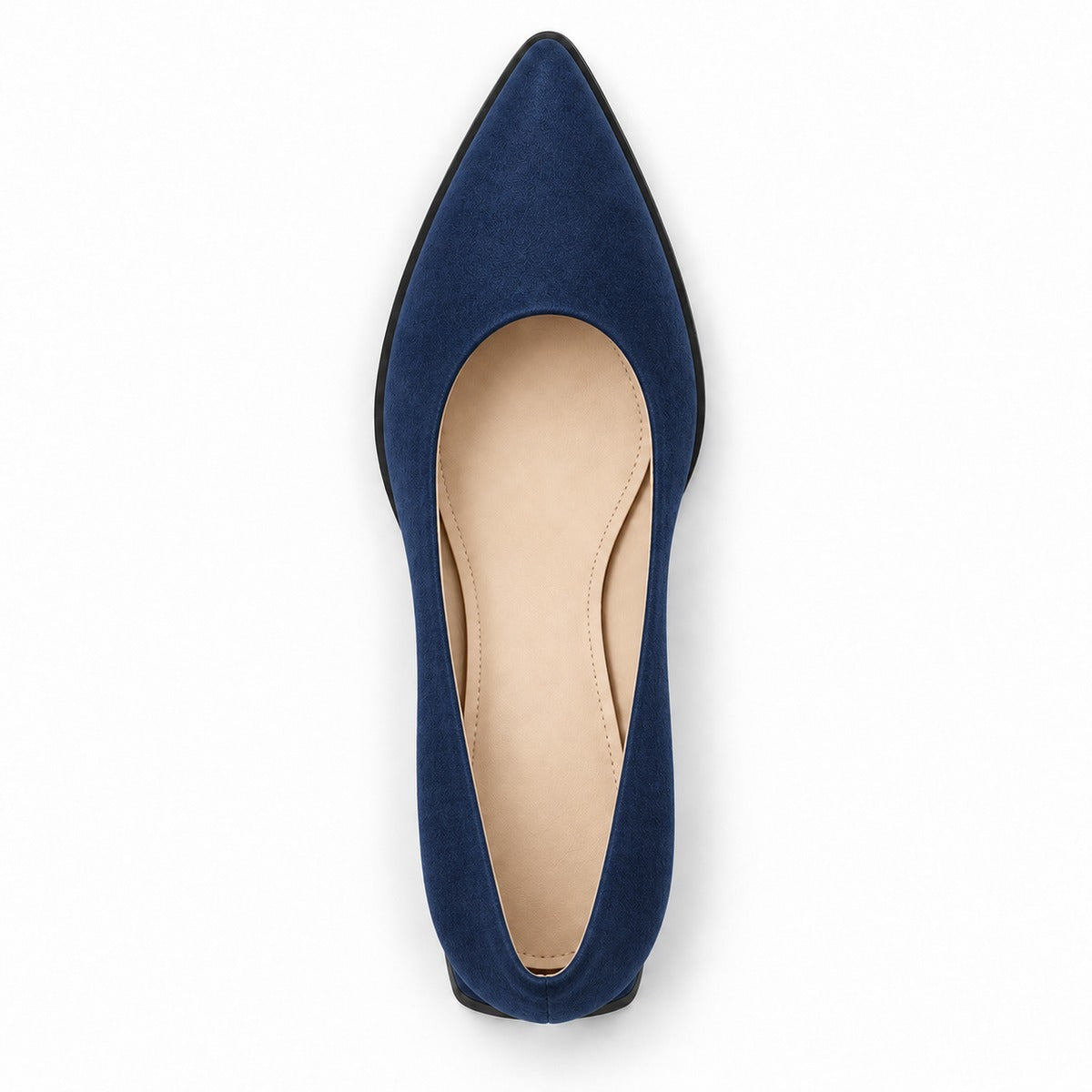 Navy suede pointed pump with low 5 cm flared block heel, top view — ECADRA