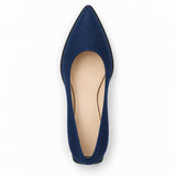 Navy suede pointed pump with low 5 cm flared block heel, top view — ECADRA