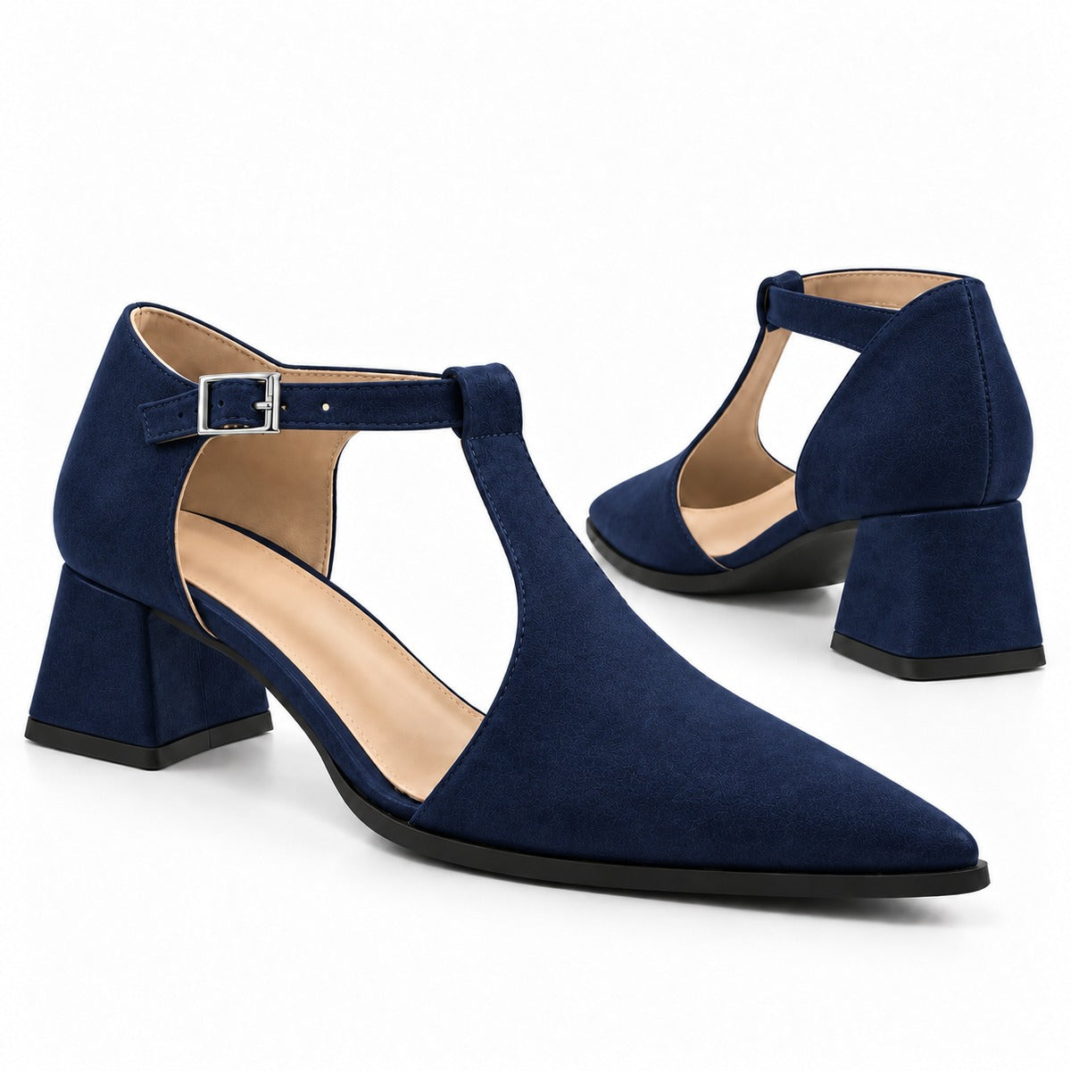 Navy suede T-strap heels with wide strap, silver buckle and 5 cm flared heel, the pair — ECADRA