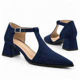 Navy suede T-strap heels with wide strap, silver buckle and 5 cm flared heel, the pair — ECADRA