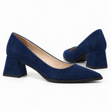 Navy suede pointed pump with low 5 cm flared block heel, the pair — ECADRA