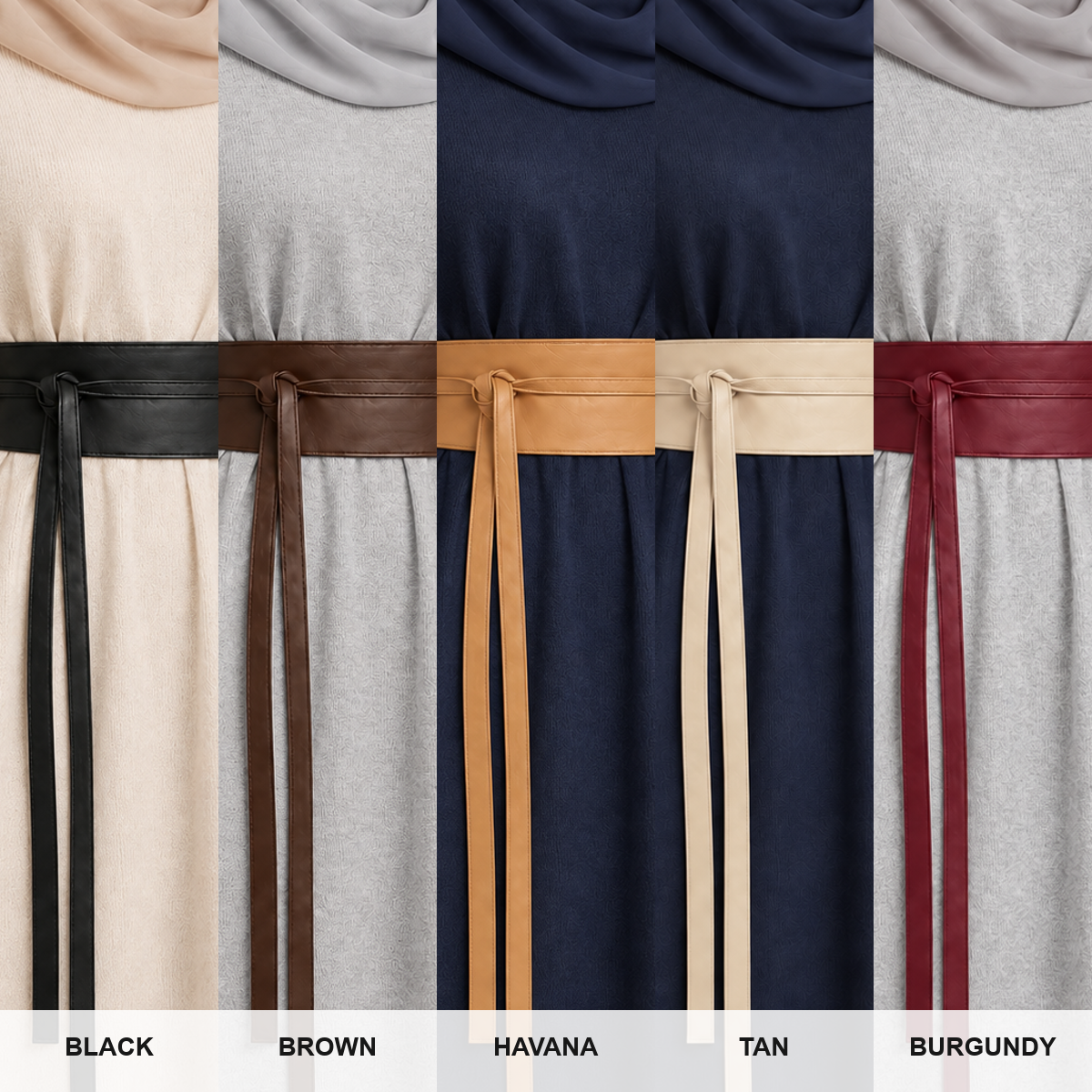 Matte Obi Wrap Belt colours: Black, Brown, Havana, Tan, Burgundy – ألوان حزام اوبي – ECADRA