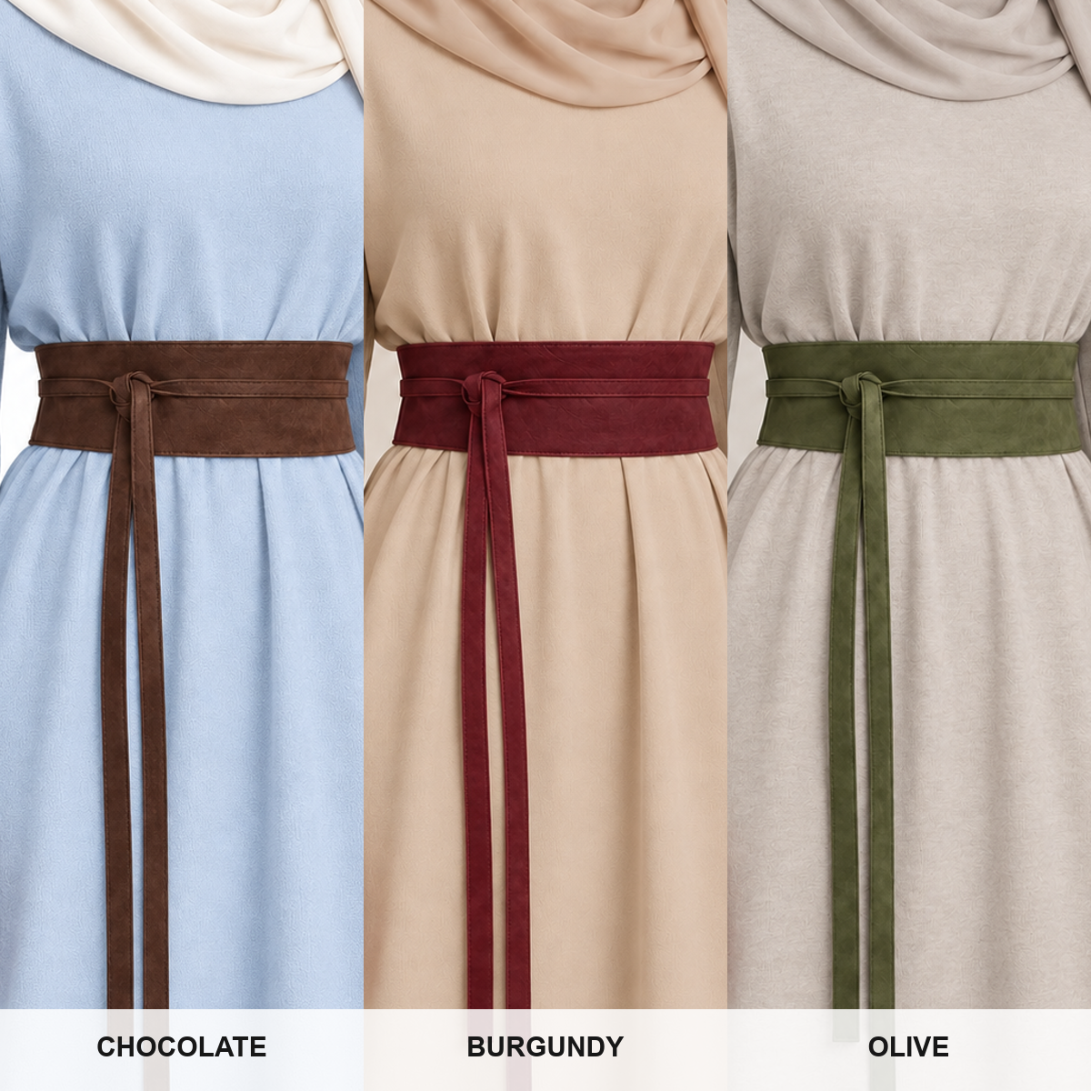 Suede Obi Wrap Belt colours: Chocolate, Burgundy, Olive – ألوان حزام اوبي – ECADRA