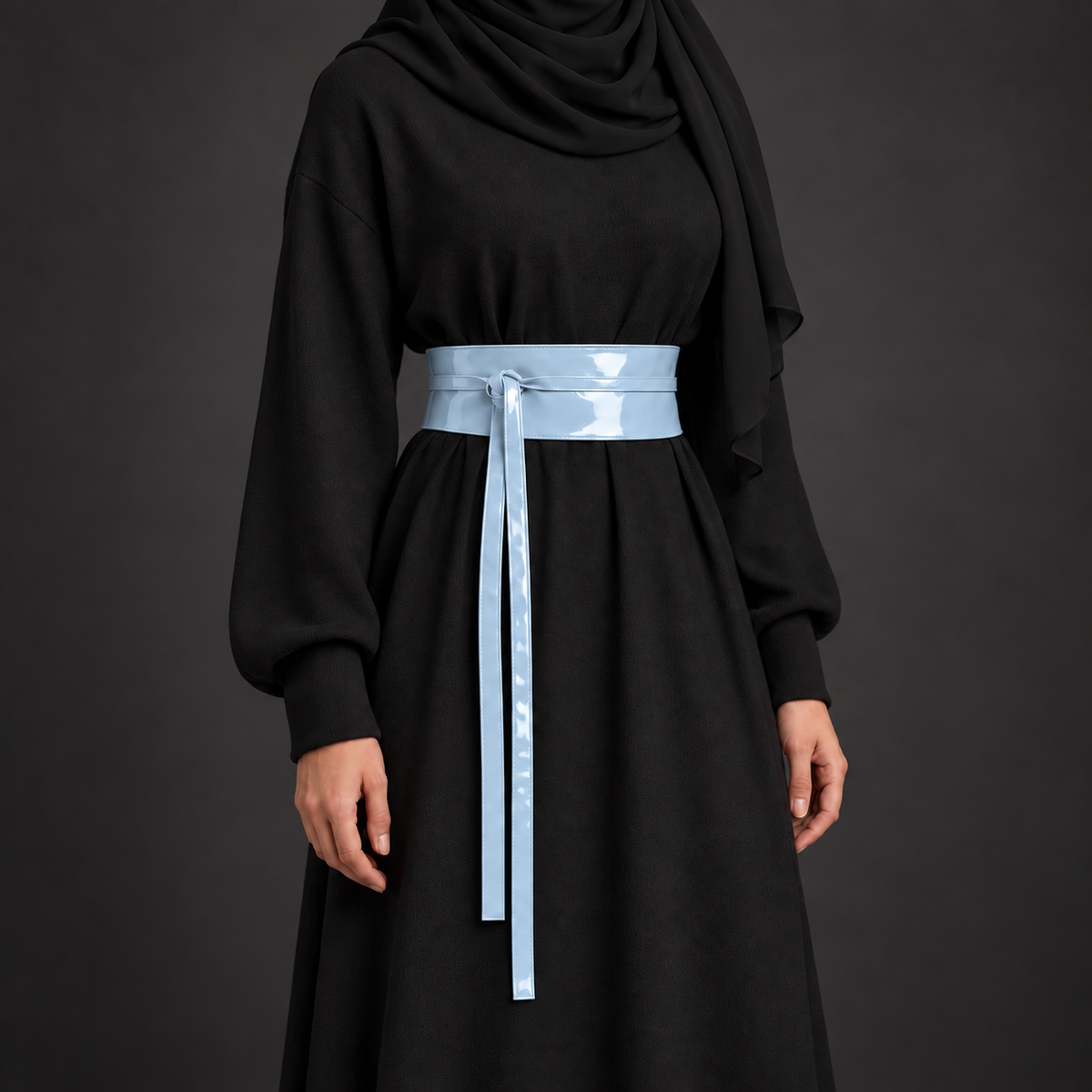 Light Blue Patent Obi Wrap Belt – حزام اوبي لامع حريمي – ECADRA