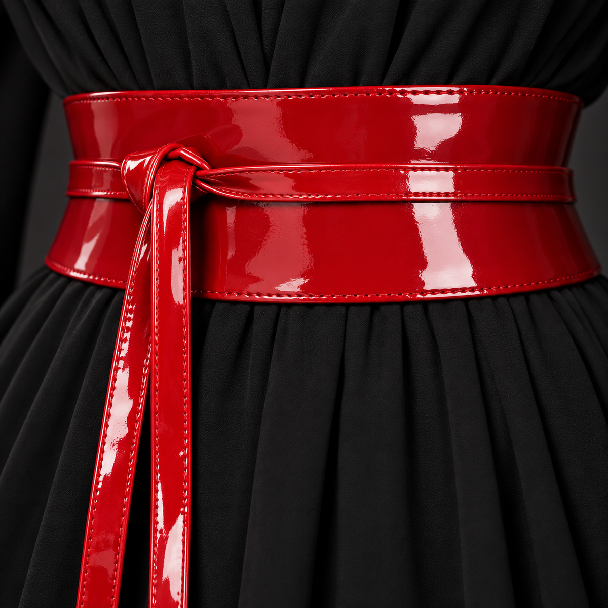 Red Patent Obi Wrap Belt close-up of the faux patent – ECADRA
