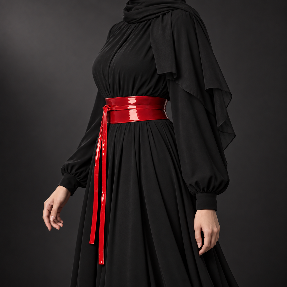 Red Patent Obi Wrap Belt tied in a knot – طريقة ربط حزام اوبي – ECADRA