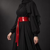 Red Patent Obi Wrap Belt tied in a knot – طريقة ربط حزام اوبي – ECADRA