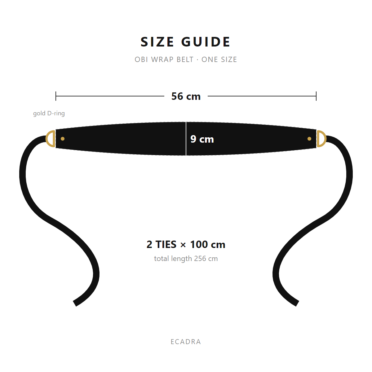 Obi Wrap Belt size guide: 56 × 9 cm panel, two 100 cm ties, 256 cm total – مقاسات حزام اوبي – ECADRA