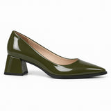 Olive gloss pointed pump with low 5 cm flared block heel, side view — ECADRA