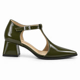 Olive gloss T-strap heels with wide strap, silver buckle and 5 cm flared heel, side view — ECADRA