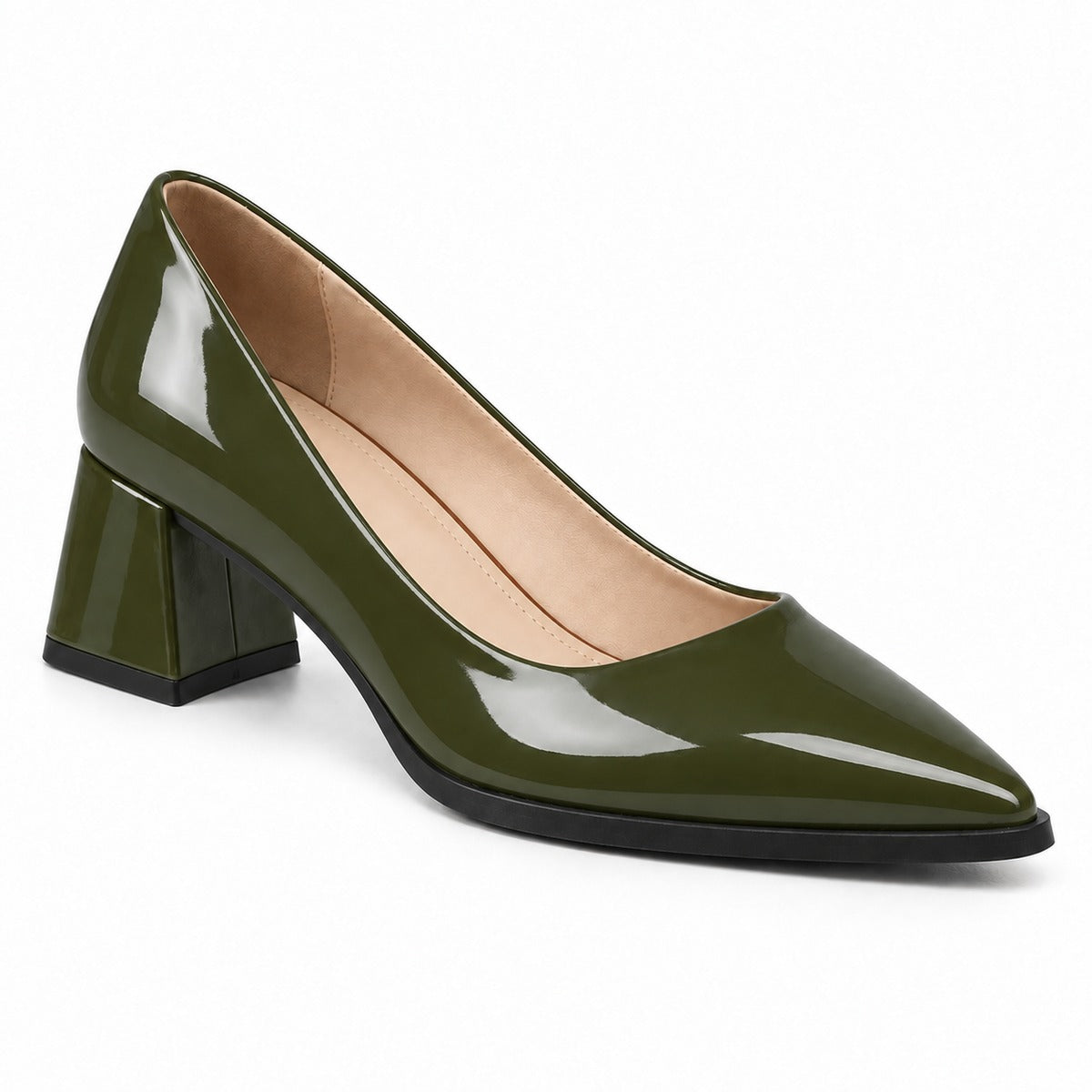 Olive gloss pointed pump with low 5 cm flared block heel, front three-quarter view — ECADRA