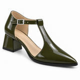 Olive gloss T-strap heels with wide strap, silver buckle and 5 cm flared heel, front three-quarter view — ECADRA