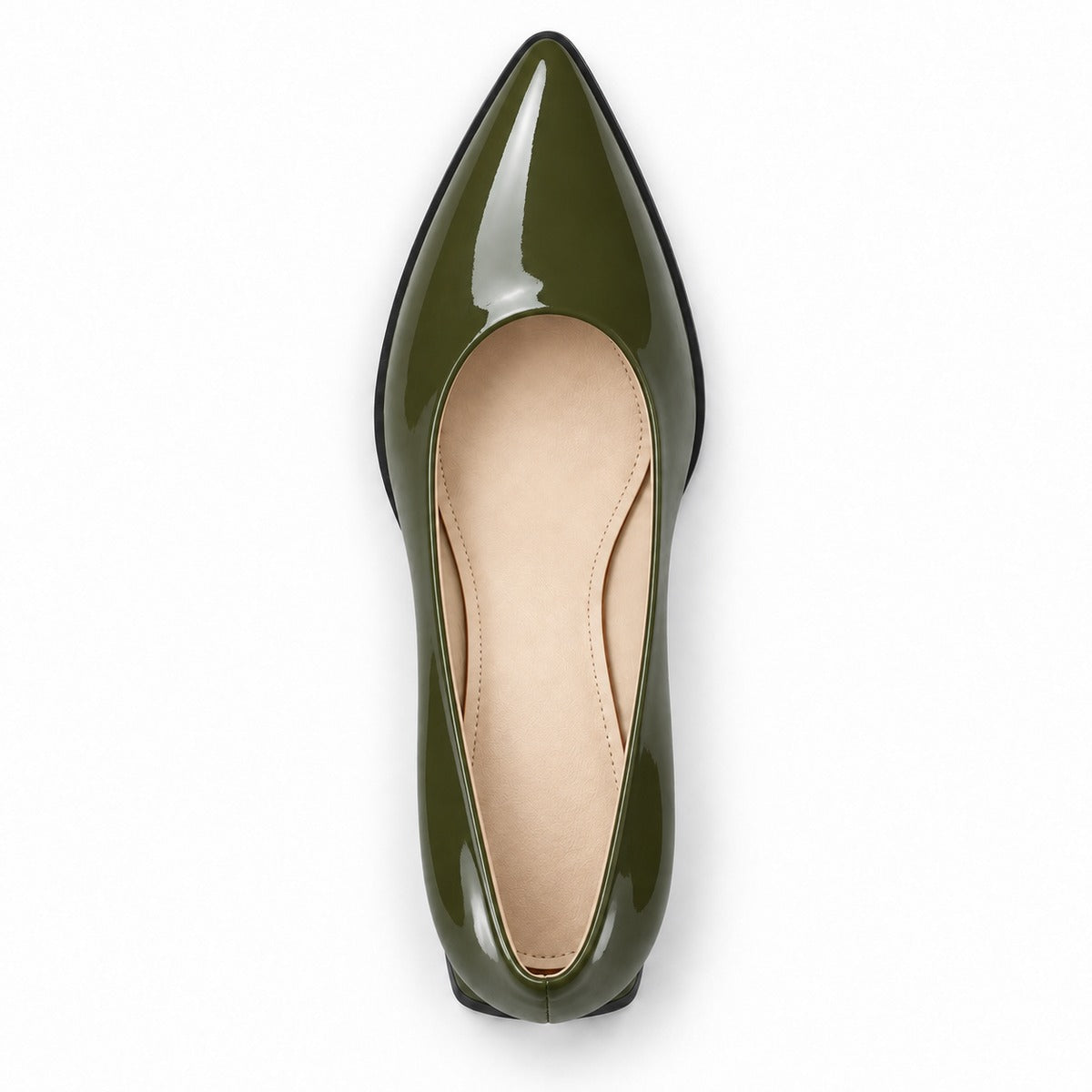 Olive gloss pointed pump with low 5 cm flared block heel, top view — ECADRA