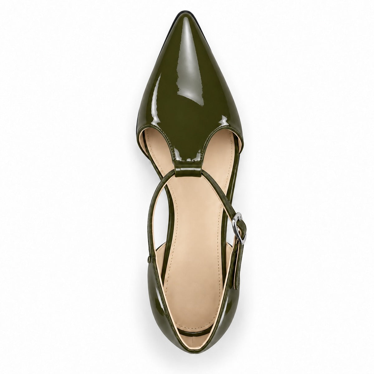 Olive gloss T-strap heels with wide strap, silver buckle and 5 cm flared heel, top view — ECADRA