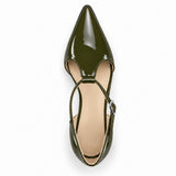 Olive gloss T-strap heels with wide strap, silver buckle and 5 cm flared heel, top view — ECADRA