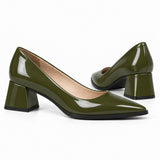 Olive gloss pointed pump with low 5 cm flared block heel, the pair — ECADRA