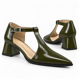 Olive gloss T-strap heels with wide strap, silver buckle and 5 cm flared heel, the pair — ECADRA