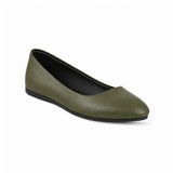 Olive Solid Round Toe – كوتشي فلات حريمي جلد زيتي، مايلة – ECADRA
