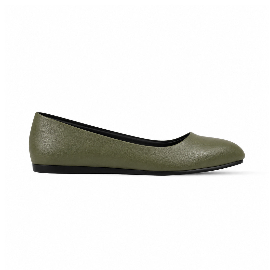 Olive Solid Round Toe – كوتشي فلات حريمي جلد زيتي، من الجنب – ECADRA