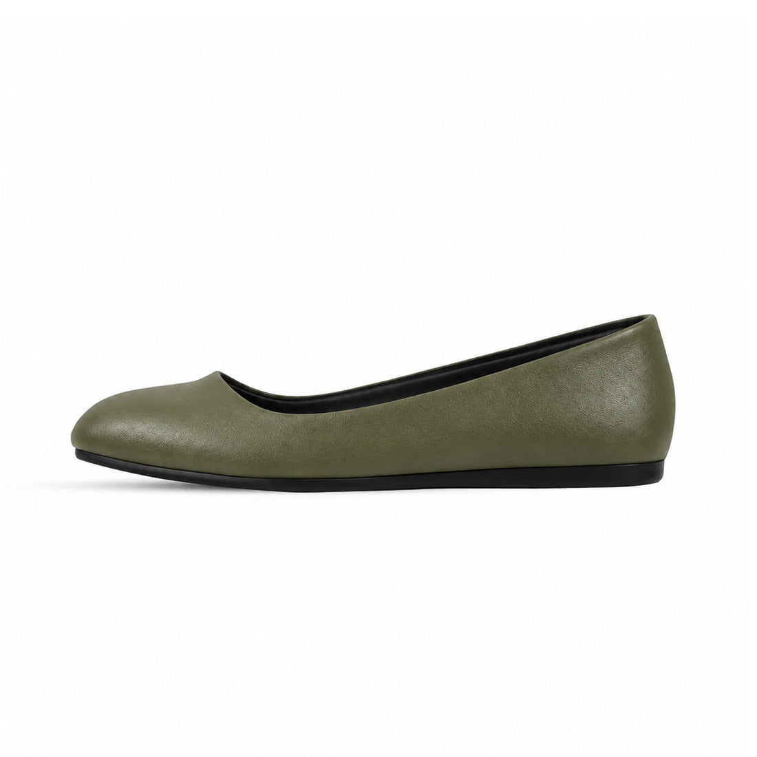 Olive Solid Round Toe – كوتشي فلات حريمي جلد زيتي، من الجنب 2 – ECADRA