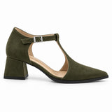 Olive suede T-strap heels with wide strap, silver buckle and 5 cm flared heel, side view — ECADRA