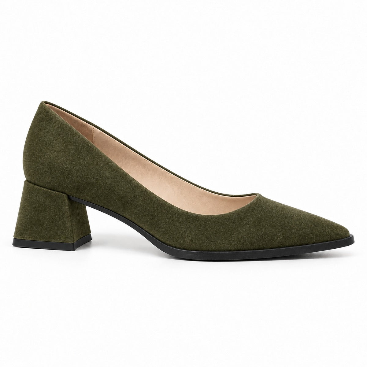 Olive suede pointed pump with low 5 cm flared block heel, side view — ECADRA