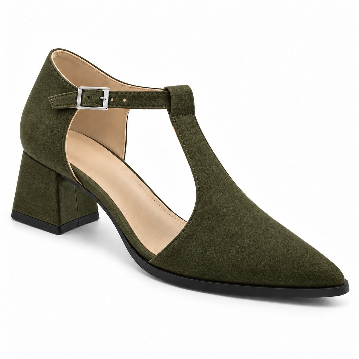 Olive suede T-strap heels with wide strap, silver buckle and 5 cm flared heel, front three-quarter view — ECADRA