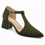 Olive suede T-strap heels with wide strap, silver buckle and 5 cm flared heel, front three-quarter view — ECADRA