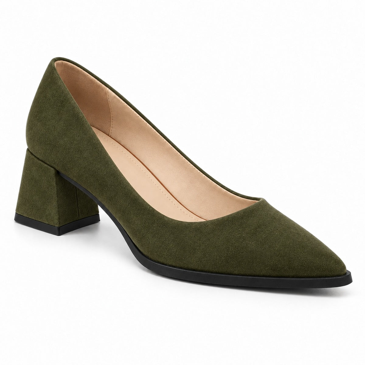 Olive suede pointed pump with low 5 cm flared block heel, front three-quarter view — ECADRA