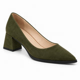 Olive suede pointed pump with low 5 cm flared block heel, front three-quarter view — ECADRA