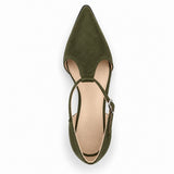 Olive suede T-strap heels with wide strap, silver buckle and 5 cm flared heel, top view — ECADRA