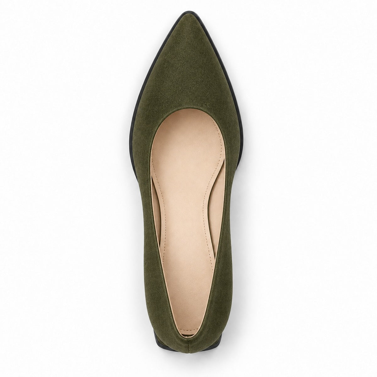 Olive suede pointed pump with low 5 cm flared block heel, top view — ECADRA