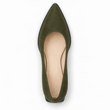 Olive suede pointed pump with low 5 cm flared block heel, top view — ECADRA