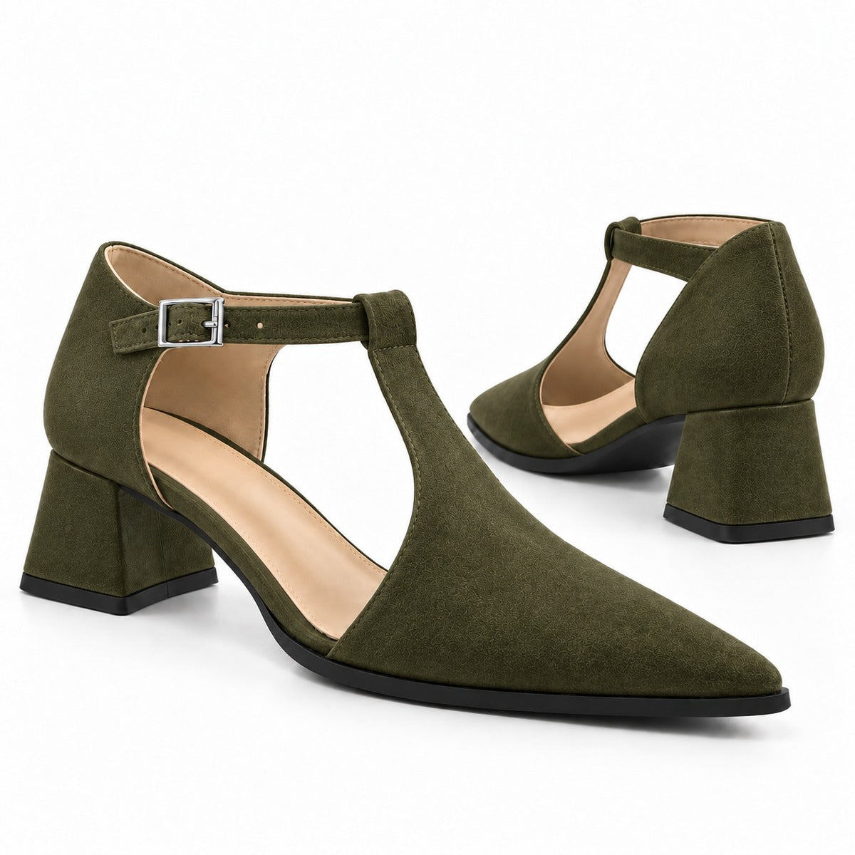 Olive suede T-strap heels with wide strap, silver buckle and 5 cm flared heel, the pair — ECADRA