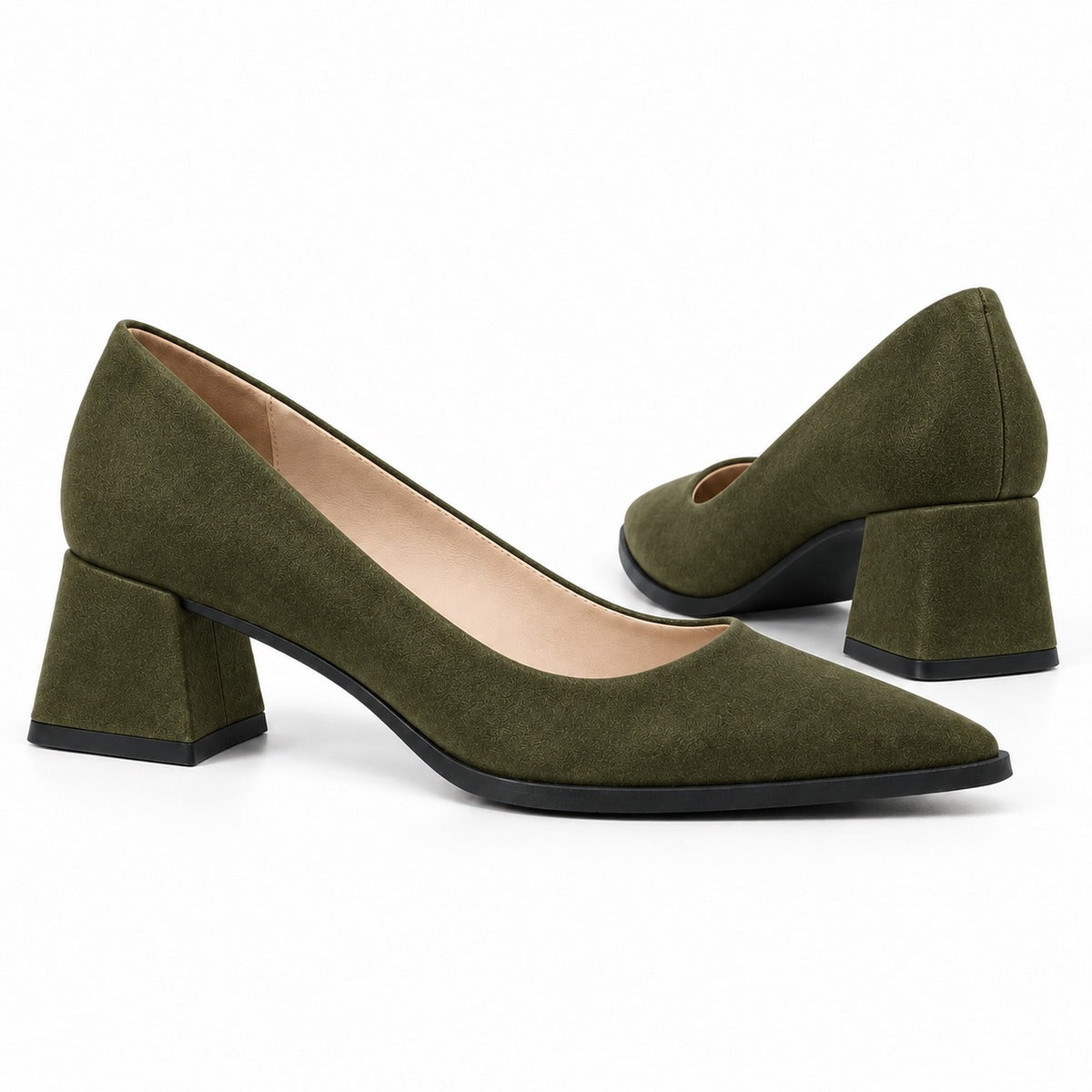 Olive suede pointed pump with low 5 cm flared block heel, the pair — ECADRA