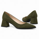 Olive suede pointed pump with low 5 cm flared block heel, the pair — ECADRA