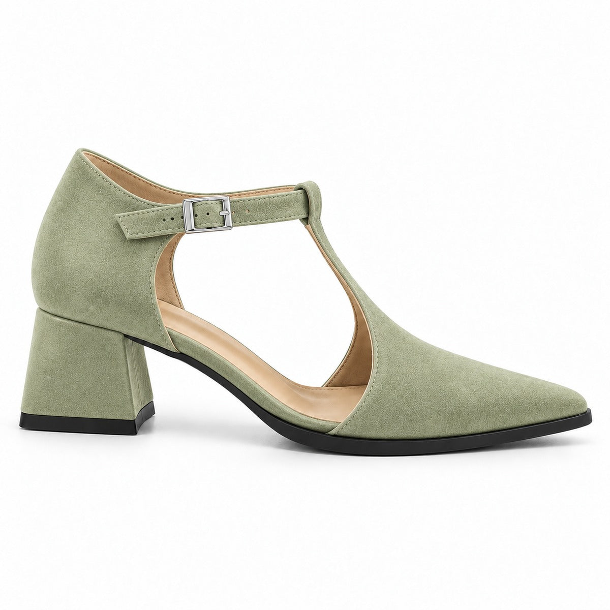 Pistachio suede T-strap heels with wide strap, silver buckle and 5 cm flared heel, side view — ECADRA