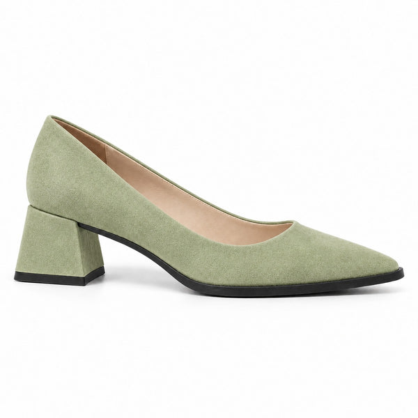 Pistachio suede pointed pump with low 5 cm flared block heel, side view — ECADRA