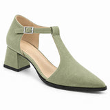 Pistachio suede T-strap heels with wide strap, silver buckle and 5 cm flared heel, front three-quarter view — ECADRA