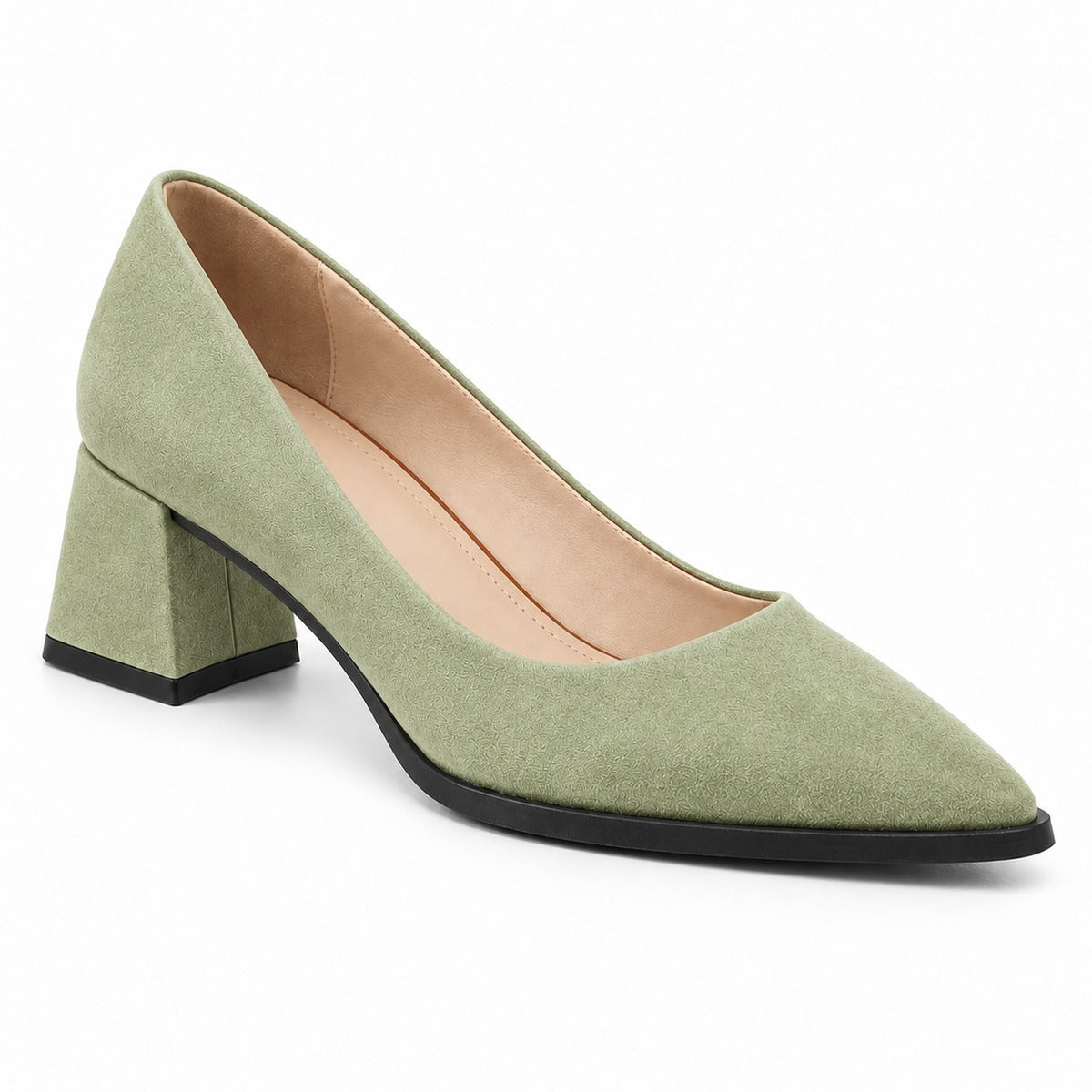 Pistachio suede pointed pump with low 5 cm flared block heel, front three-quarter view — ECADRA