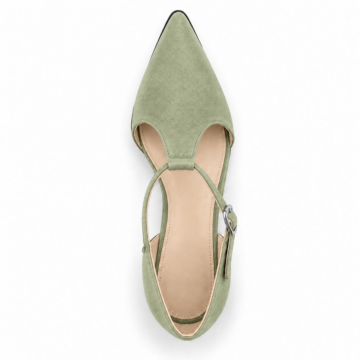 Pistachio suede T-strap heels with wide strap, silver buckle and 5 cm flared heel, top view — ECADRA