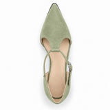 Pistachio suede T-strap heels with wide strap, silver buckle and 5 cm flared heel, top view — ECADRA