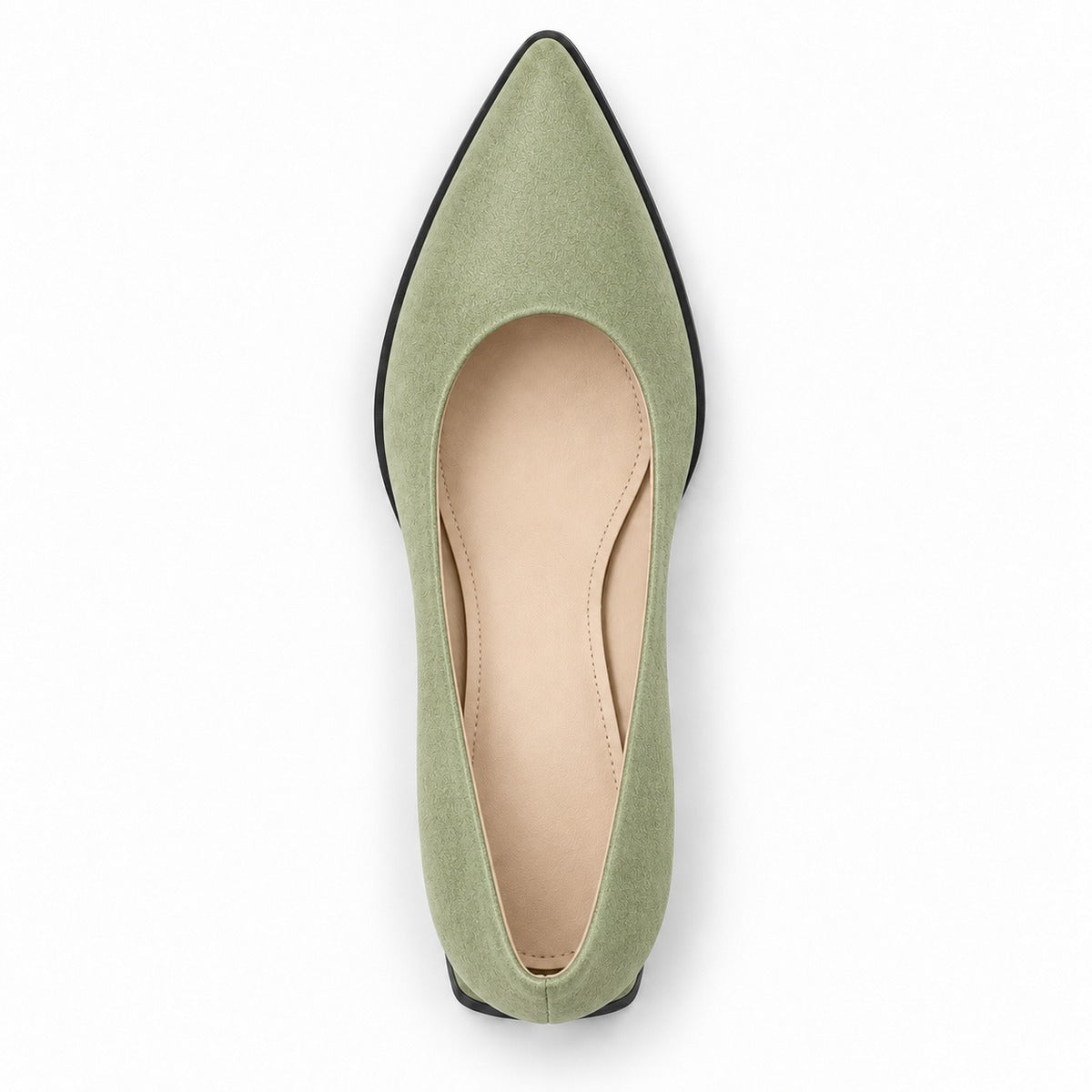 Pistachio suede pointed pump with low 5 cm flared block heel, top view — ECADRA