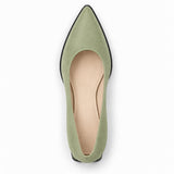 Pistachio suede pointed pump with low 5 cm flared block heel, top view — ECADRA
