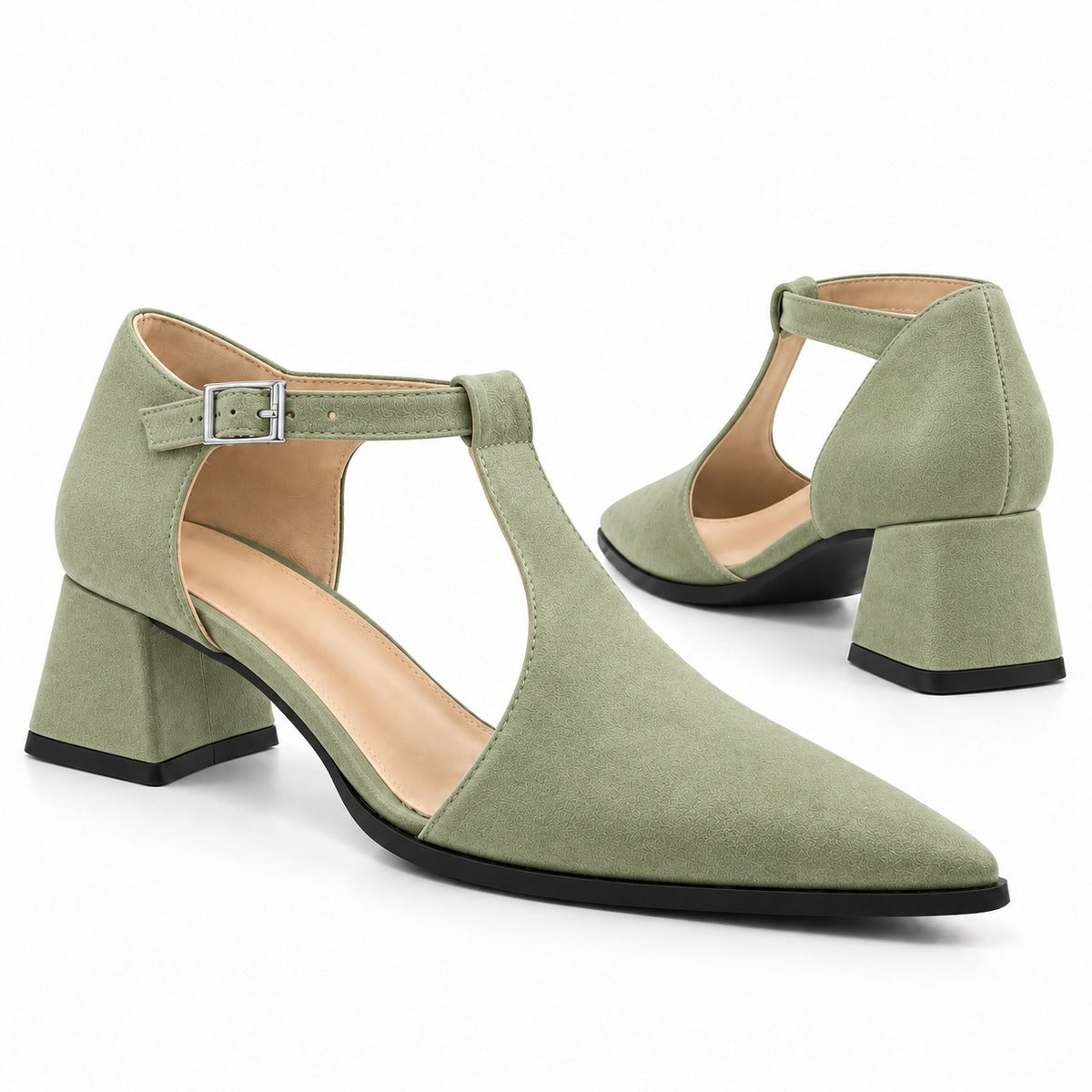 Pistachio suede T-strap heels with wide strap, silver buckle and 5 cm flared heel, the pair — ECADRA