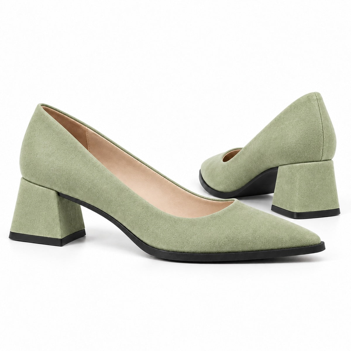 Pistachio suede pointed pump with low 5 cm flared block heel, the pair — ECADRA