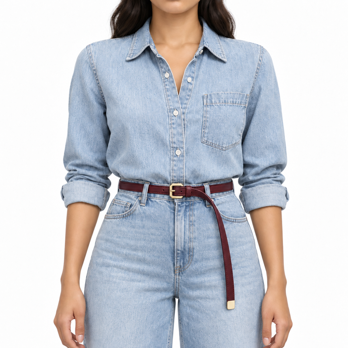 Plus One Belt – Burgundy faux leather, worn at the waist – حزام حريمي رفيع نبيتي – ECADRA