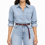 Plus One Belt – Burgundy faux leather, worn at the waist – حزام حريمي رفيع نبيتي – ECADRA