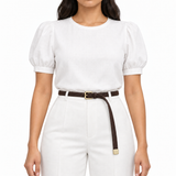 Plus One Belt – Chocolate Brown faux leather, worn at the waist – حزام حريمي رفيع بني شوكولاتة – ECADRA