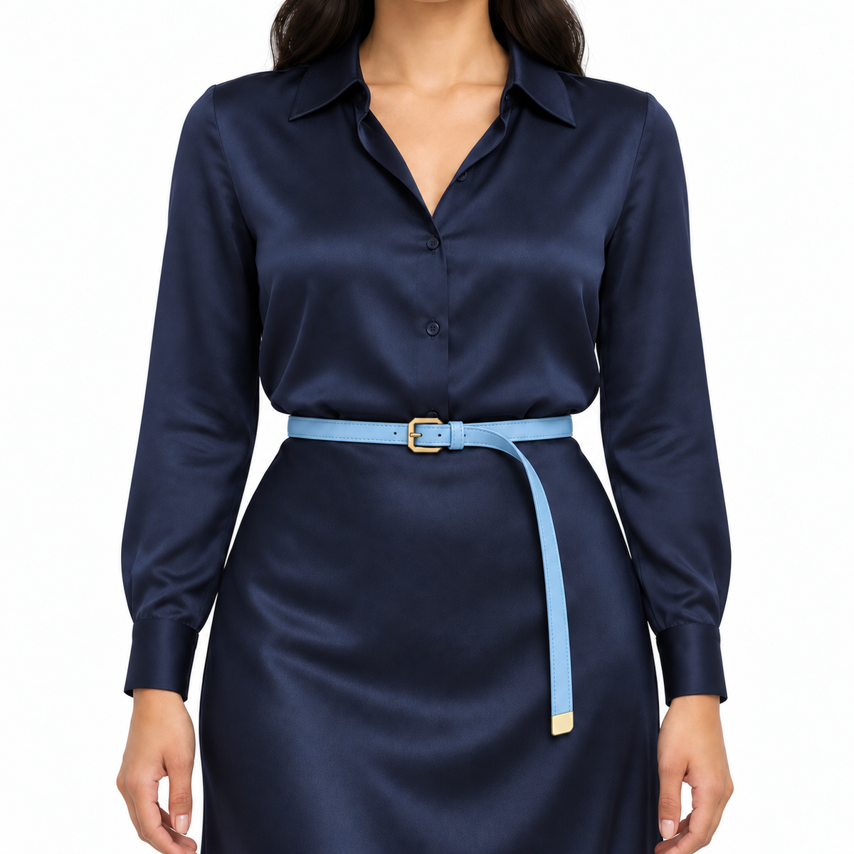 Plus One Belt – Light Blue faux leather, worn at the waist – حزام حريمي رفيع بيبي بلو – ECADRA